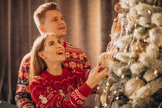 Couple decorating christmas tree together