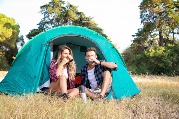 お茶を飲みながら自然の風景を見ているカップル。テントでリラックスし、景色を楽しみ、芝生に座っている魅力的な白人観光客。観光、冒険、夏休みのコンセプトをバックパッキング