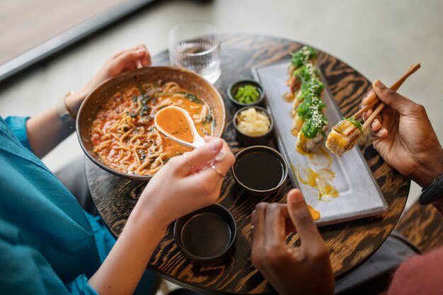 Couple enjoying food in restaurant