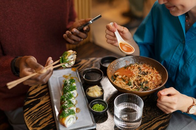 Couple enjoying food in restaurant