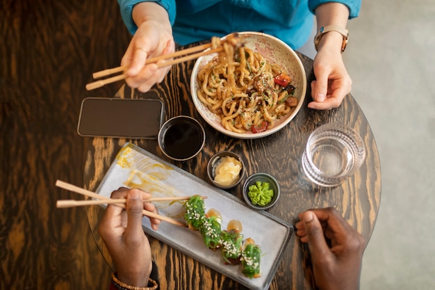 Couple enjoying food in restaurant