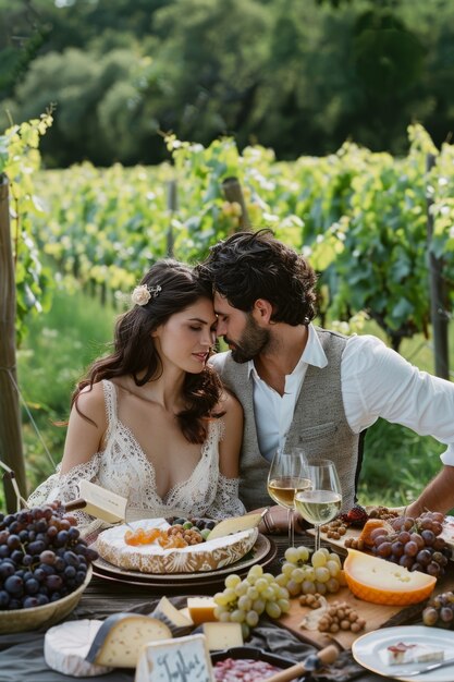 Couple enjoying a picnic together outdoors in summertime