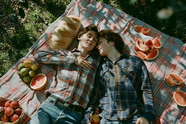 Free photo couple enjoying a picnic together outdoors in summertime