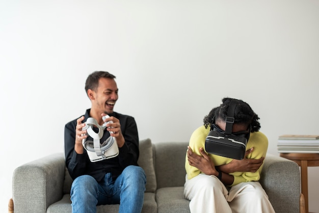 Couple experiencing VR simulation entertainment technology