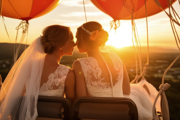 뜨거운 공기 풍선 에서 결혼 하는 부부