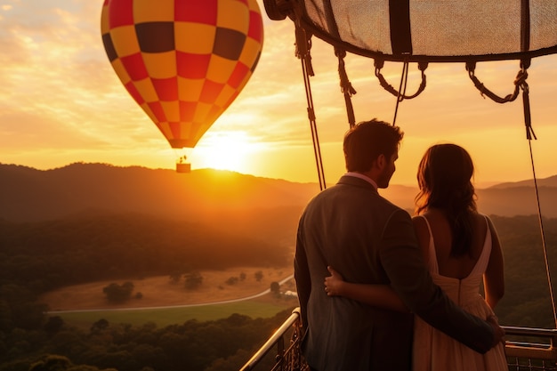 Пара, выходящая замуж на воздушном шаре