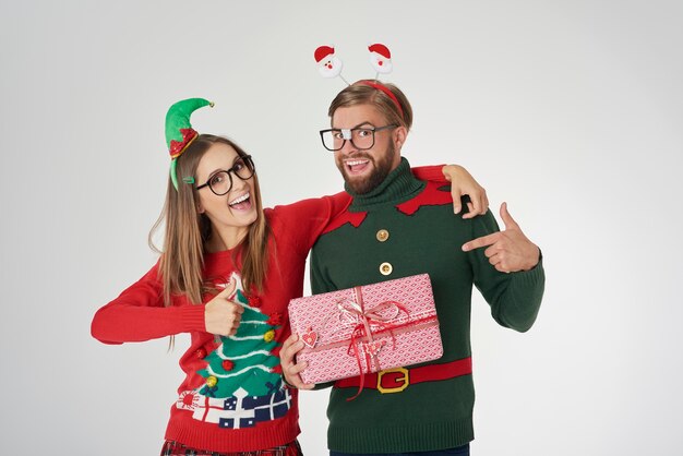 Couple in good mood in the studio