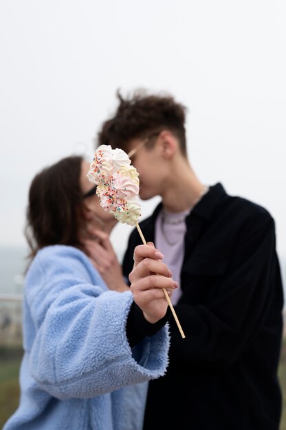 Couple having public intimacy moments