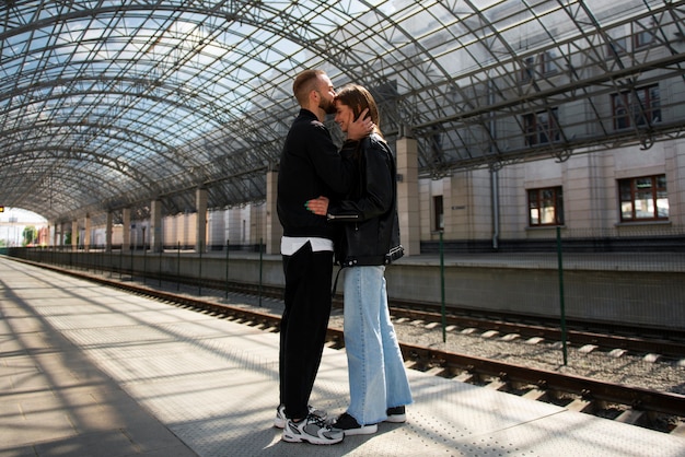 Couple having public intimacy moments