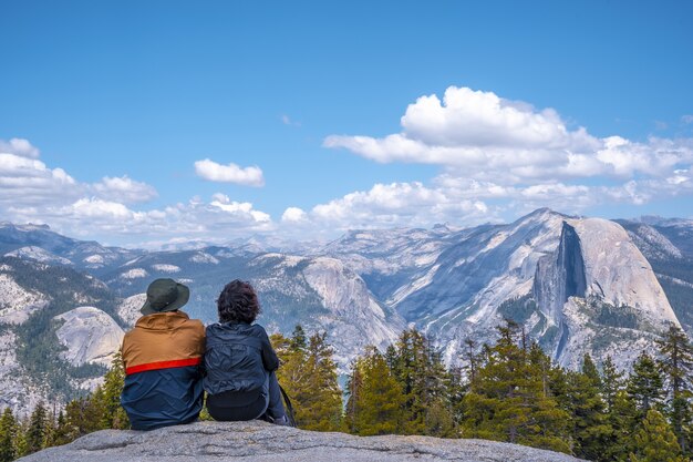 Couple hiking in the Yosemite National Park in California the USA