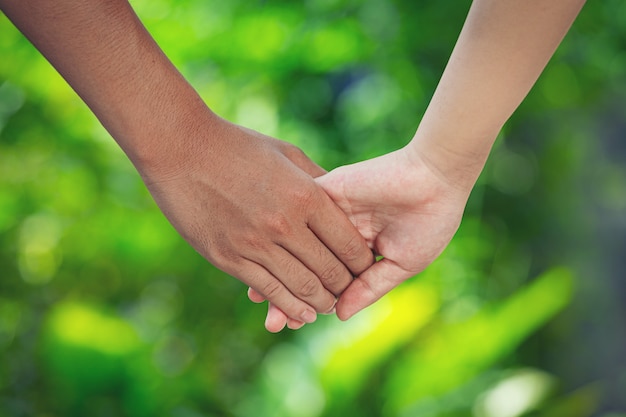 Couple holding hands in green meadow.