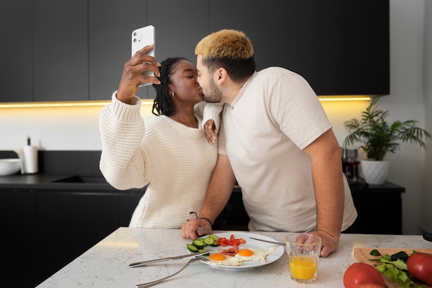 Free photo couple at home spending time together