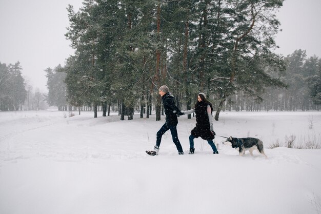 雪の冬の天気の彼らのハスキー犬と歩いて愛のカップル