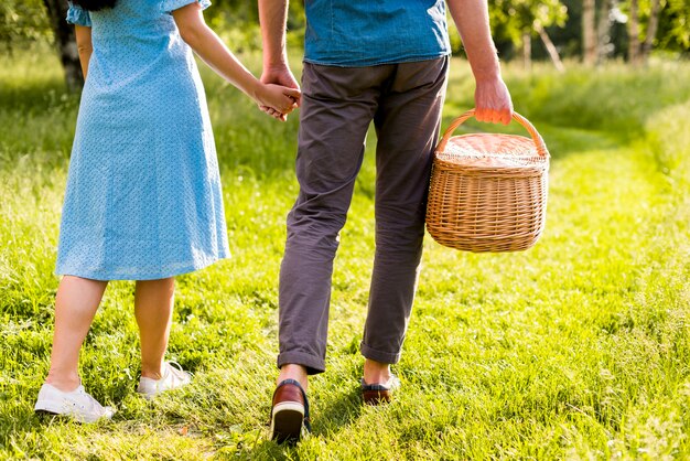 Couple of lovers strolling in park holding hands