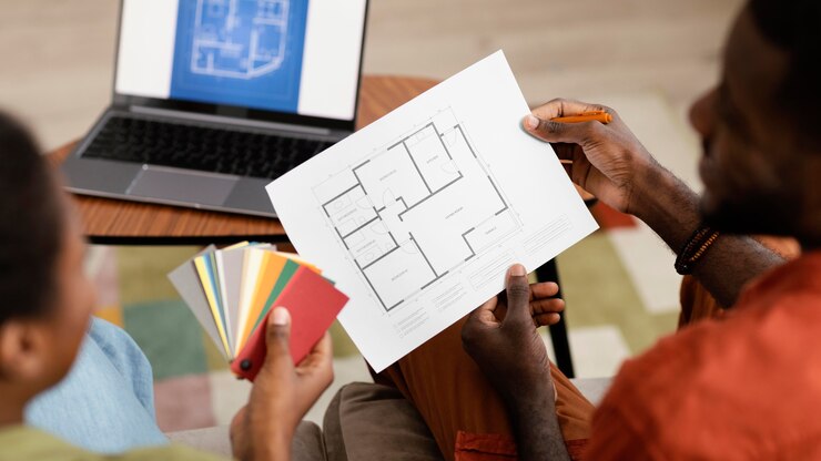 Free Photo couple planning on redecorating house using laptop and paint palette