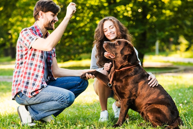 Couple playing with their dog in park