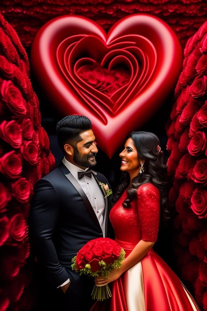 Free photo a couple pose in front of a red heart with the word love on it