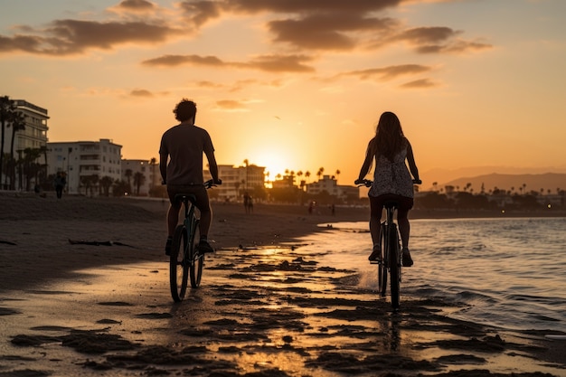 Couple riding their bikes on the beach at sunset