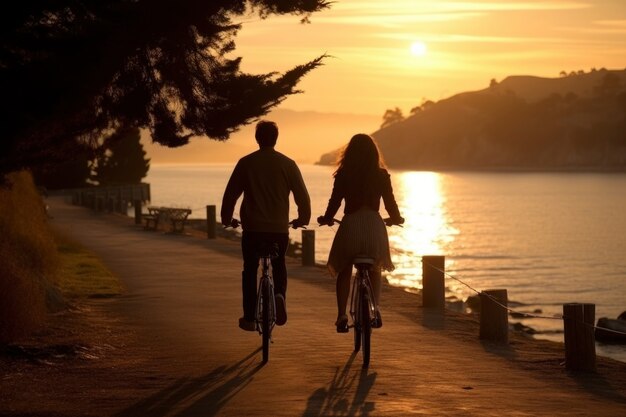 Couple riding their bikes on the beach at sunset