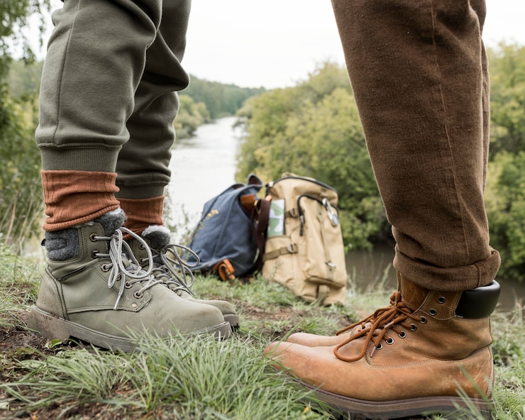 Free Photo couple's feet standing on grass facing eachother