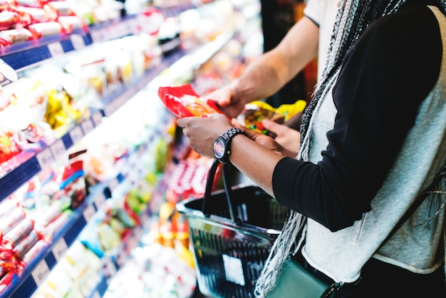 A couple shopping for food