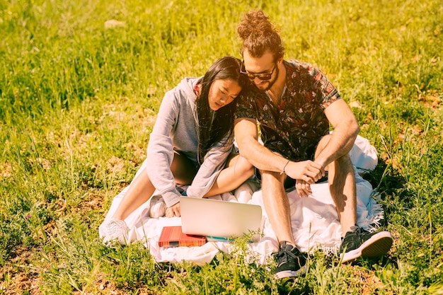 Couple sitting in meadow and looking into laptop