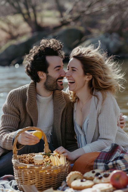 Foto gratuita una coppia in estate che fa un rilassante picnic insieme