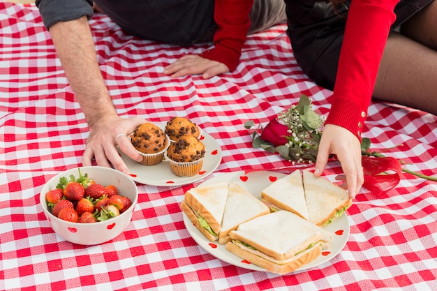 Foto gratuita coppia di prendere il cibo dal copriletto a scacchi