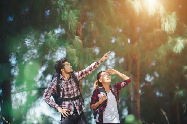 couple view trekking people friends