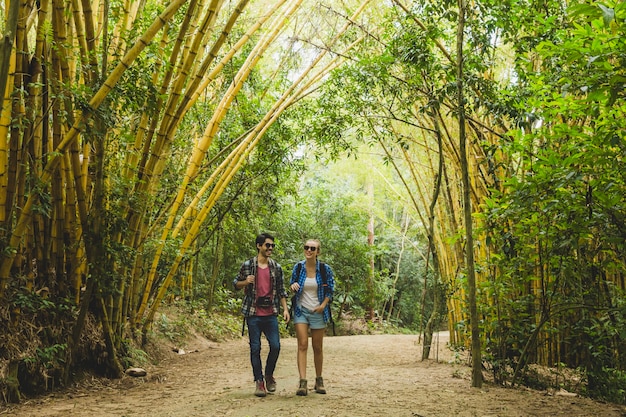 Couple walking through bamboo forest