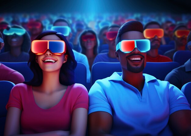 Couple watching a movie at the cinema with 3d glasses