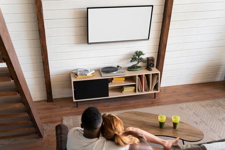 Free Photo couple watching streaming service together in the living room