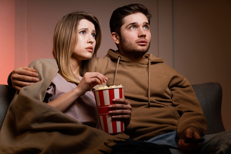 Free Photo couple watching tv and eating popcorn