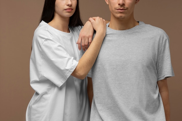 Couple wearing blank shirts