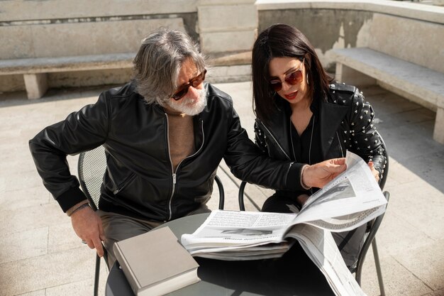 Couple wearing synthetic leather clothing