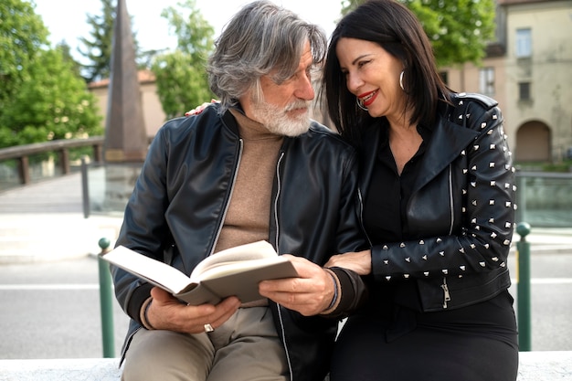 Couple wearing synthetic leather clothing