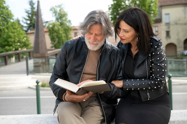 Couple wearing synthetic leather clothing