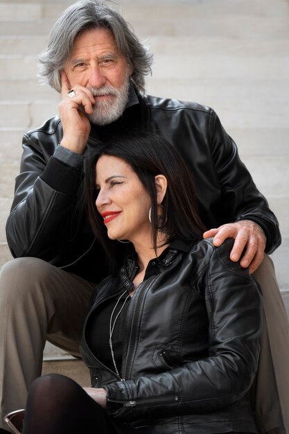 Couple wearing synthetic leather clothing