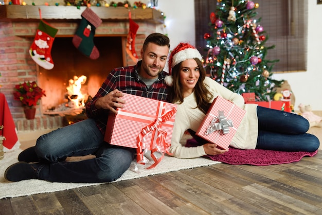 Couple with gift boxes