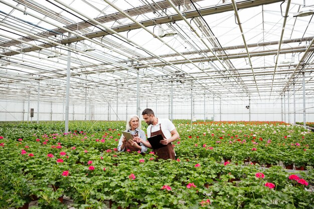 Couple of workers standing in garden near flowers and talking