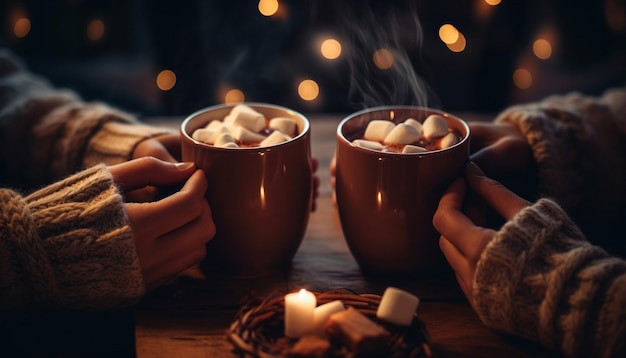 Free photo couples holding hot drinks celebrate winter romance generated by ai