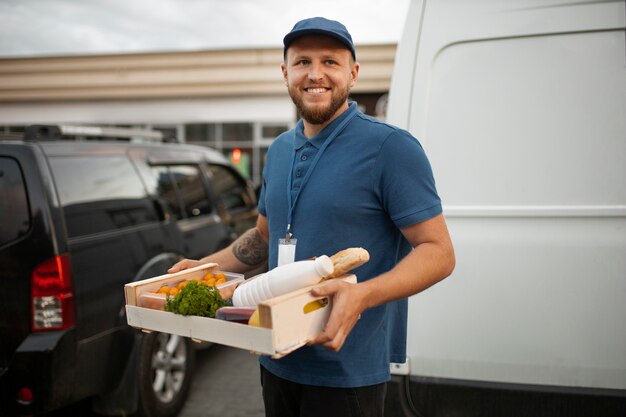 Courier delivering groceries home