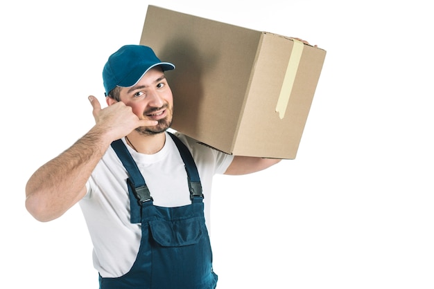 Courier with parcel showing call gesture