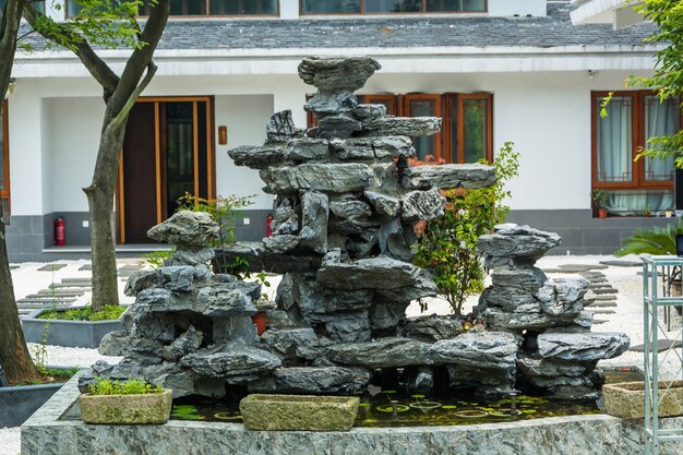 Courtyard with a stone fountain