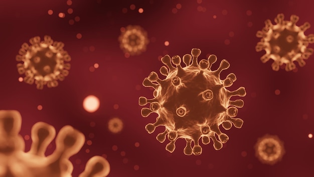 Covid-19 corona virus with spike glycoprotein are floating on the air . dark red color background . 3d rendering .