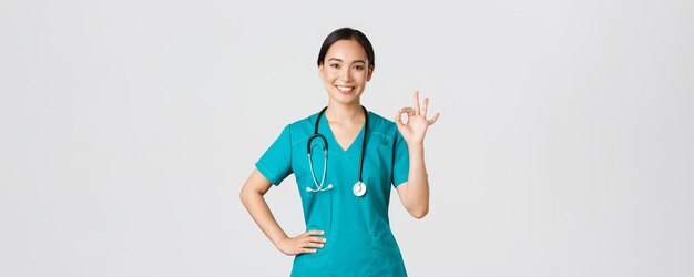 Covid-19、医療従事者、パンデミックの概念。プロの自信を持って笑顔のアジアの女性医師、スクラブの女性看護師は、すべてを制御下に置き、大丈夫なジェスチャーを喜んで示しています。