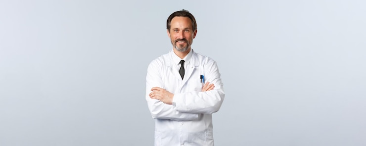 Free Photo covid coronavirus outbreak healthcare workers and pandemic concept middleaged doctor in white coat c...