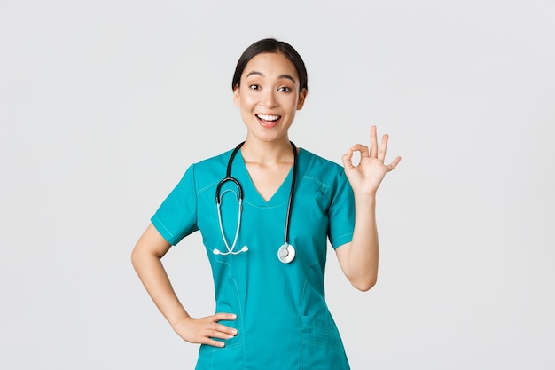 Covid19医療従事者のパンデミックの概念大丈夫なジェスチャーを示し、笑顔で驚いた賞賛の素敵な仕事が誰かに同意するスクラブで驚いて幸せなアジアの女性医師の看護師