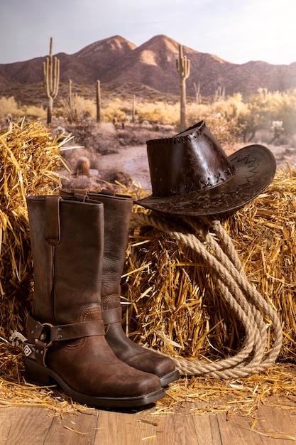 Cowboy boots and hat outdoors still life