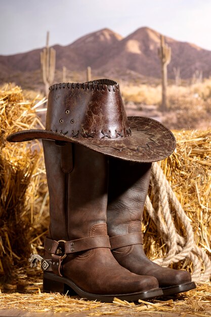 Cowboy boots and hat outdoors